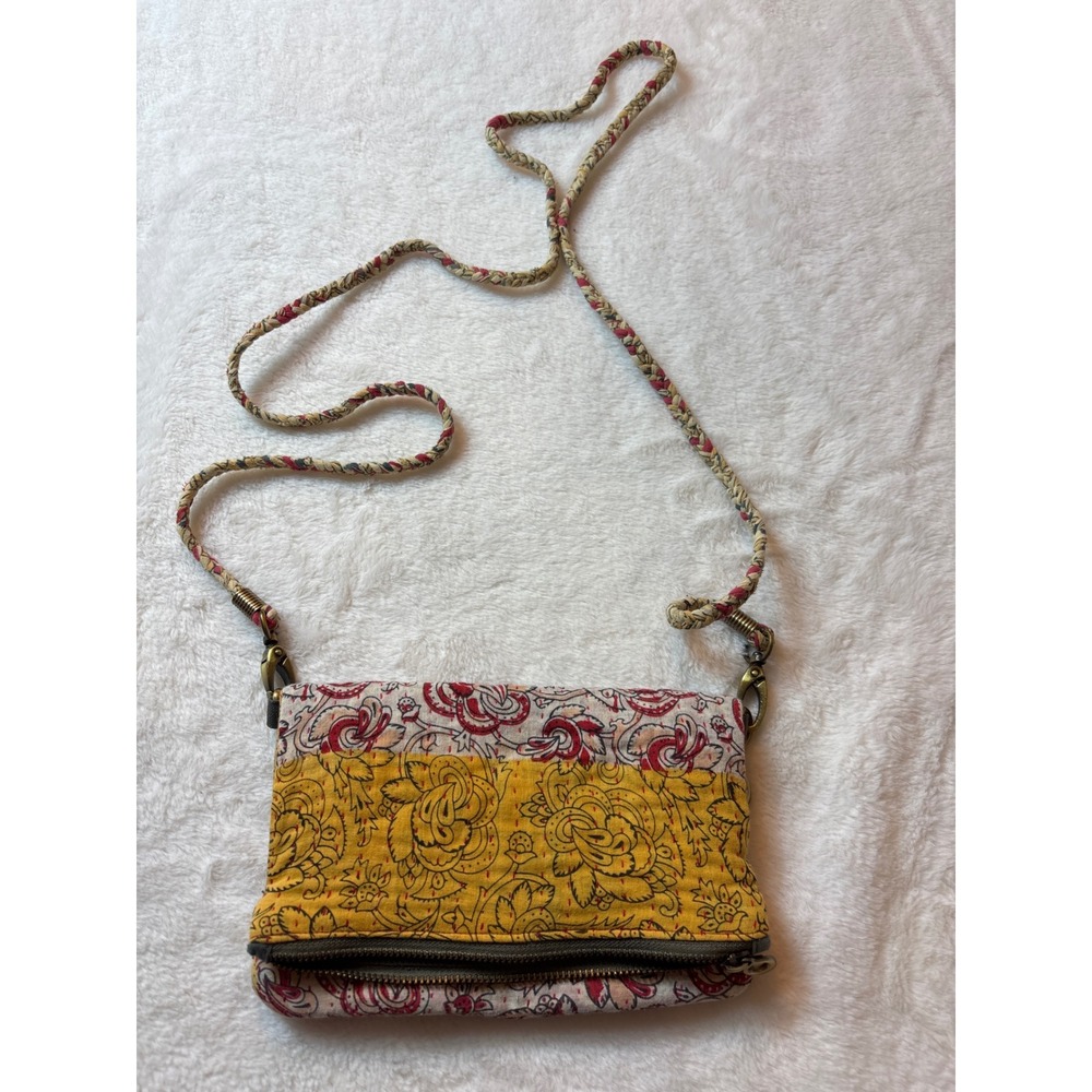 Sari Bari Malti Crossbody Bag Recycled Kantha Fabric Floral Yellow Red India